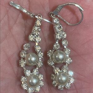 Vintage Rhinestones and Faux Pearl lever Back Dangle Earrings